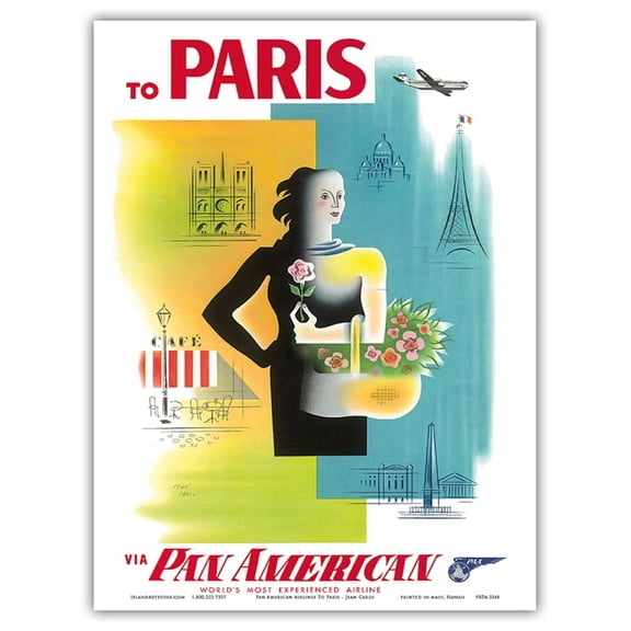 Paris France - Pan American Airways (PAA) - Eiffel Tower Notre Dame - Vintage Airline Travel Poster by Jean Carlu c.1950s - Master Art Print (Unframed) 9in x 12in