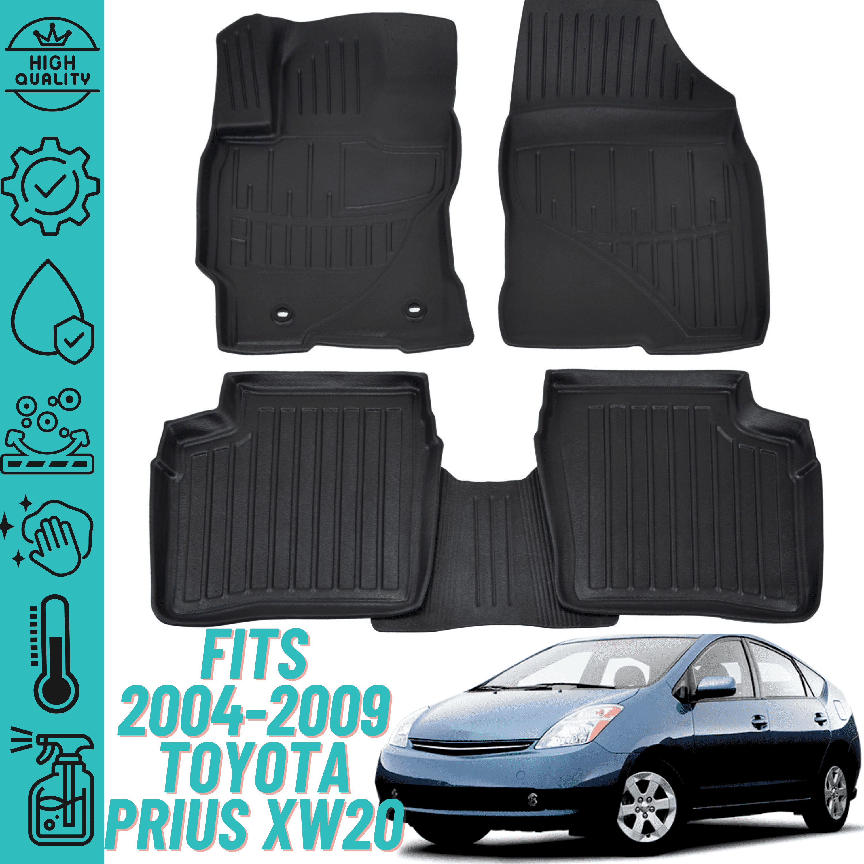 3D Floor Mats 2004-2009 Toyota Prius (XW20) Heavy Duty, Custom Fit, All Weather Liner Front & 2nd Row Full Set Rubber, Black