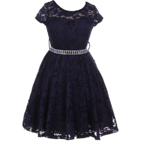 Lovely Floral Lace Rhinestones Skater Party Easter Flower Girl Dress for Big Girl Navy 14 JK19.88S BNY Corner