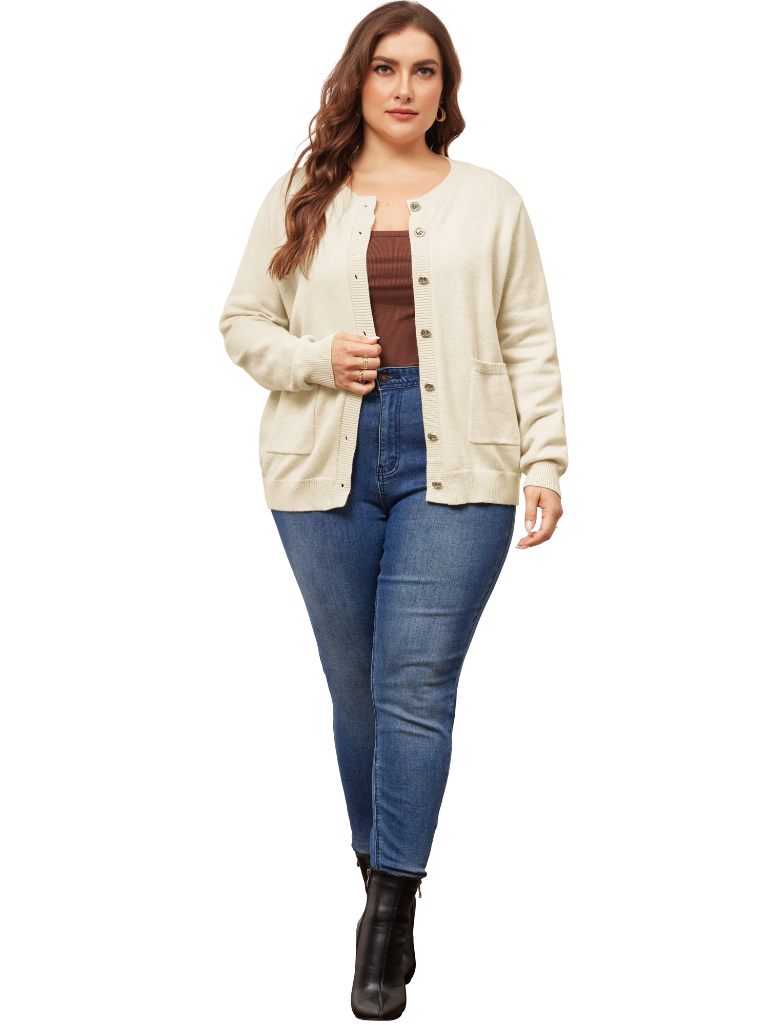 DARING DIVA Women's Plus Size Button Down Crew Neck Cardigan Sweater 2X Beige