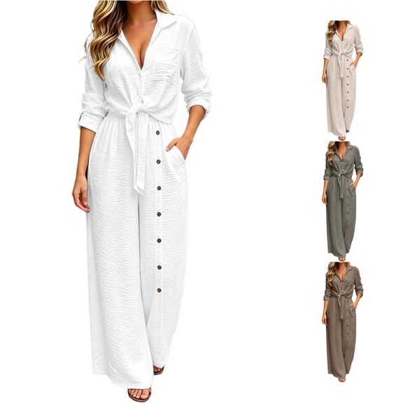 HAYIMI Womens Fall Outfits Sets 2 Pieces Casual Long Sleeve Tops With Button Front And Pocket Trousers Solid Color Stylish Clothes Sets