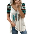 thumbnail image 2 of ICHUANYI Clearance Women Casual Retro Aztec Print Short Sleeve Ethnic V-Neck Zipper T-Shirts Tops(Light blue, S) ICHUANYI WER2023081015126, 2 of 7