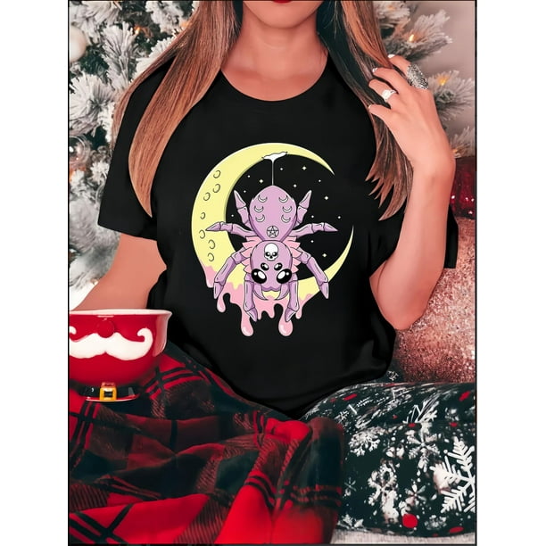 Camiseta de manga corta para mujer transpirable Moda de veranoWomen's Fashion Casual Round Neck Short Sleeve T-Shirt, Geometric Moon Spider Skull Print, Polyester, Stretch Knit Fabric, Comfortable S