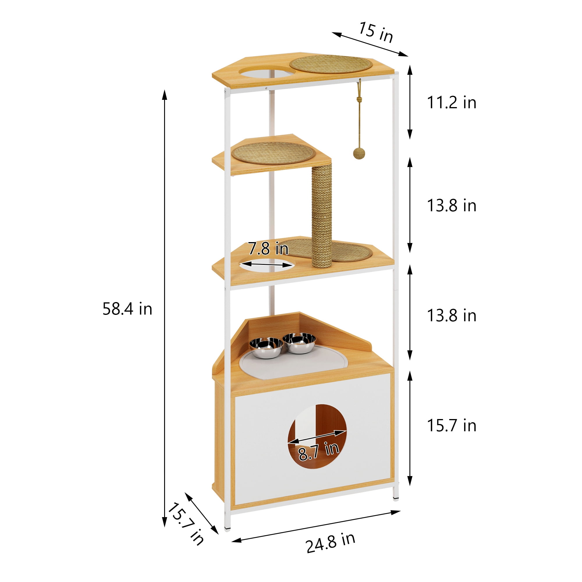 Pefilos 58" Cat House for Indoor Cats with Feeding Station and Climbing Platforms, Corner Cat Tree Tower, Cat Condo Furniture with Scratching Post, Beige