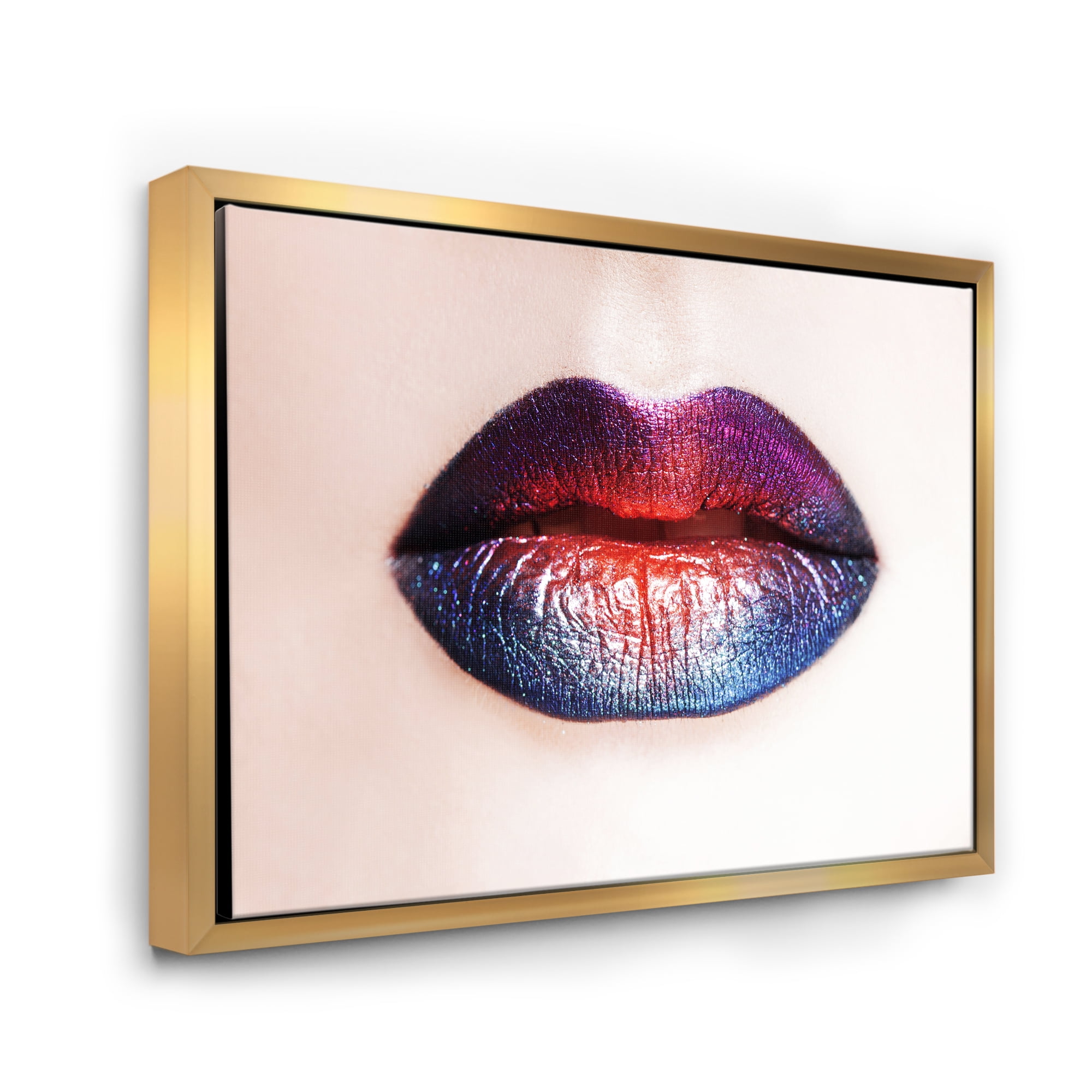 Designart 'Female Lips With Bright Multicolored Lipstick' Modern Framed Canvas Wall Art Print