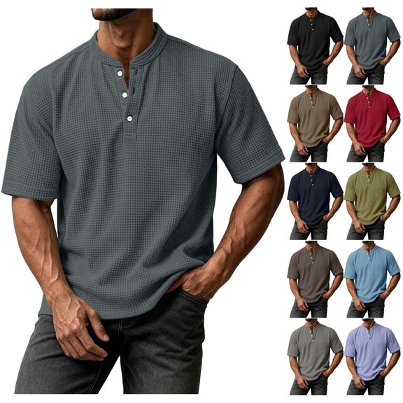 VEXRO Waffle Henley Tee Tops for Men Classic Fit Short Sleeve Knit Button Shirts for Casual & Daily