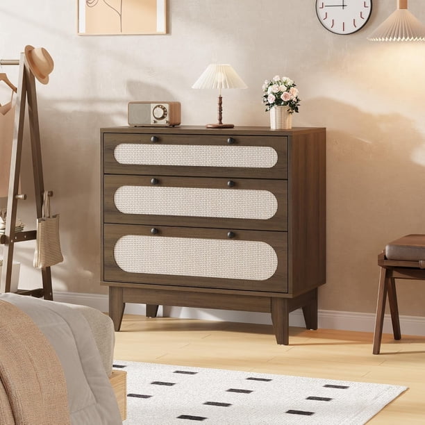 Yeshouse Mesita de Noche de Ratán con Cajones, Mueble Decorativo Moderno de Granja, Paneles Estrechos de Madera Veteada