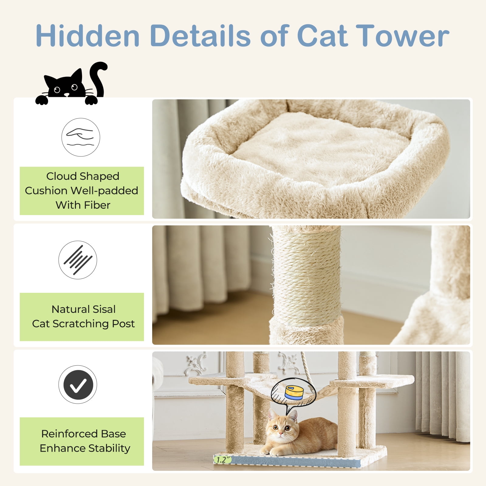 66" Multi-Level Cat Tree Tower with Sisal Scratching Post, Indoor Cat Climbing Tower with Ladder & Plush Toys for Rest & Play