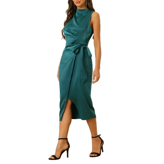 INSPIRE CHIC Satin Sleeveless Dress for Women's Stand Collar Tie Ruched Waist Dresses