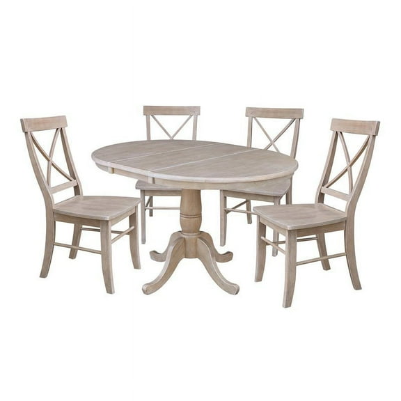 International Concepts 5-Piece Solid Wood Dining Set with 36" Round Extension Table and Four Cross Back Chairs, Washed Gary Taupe