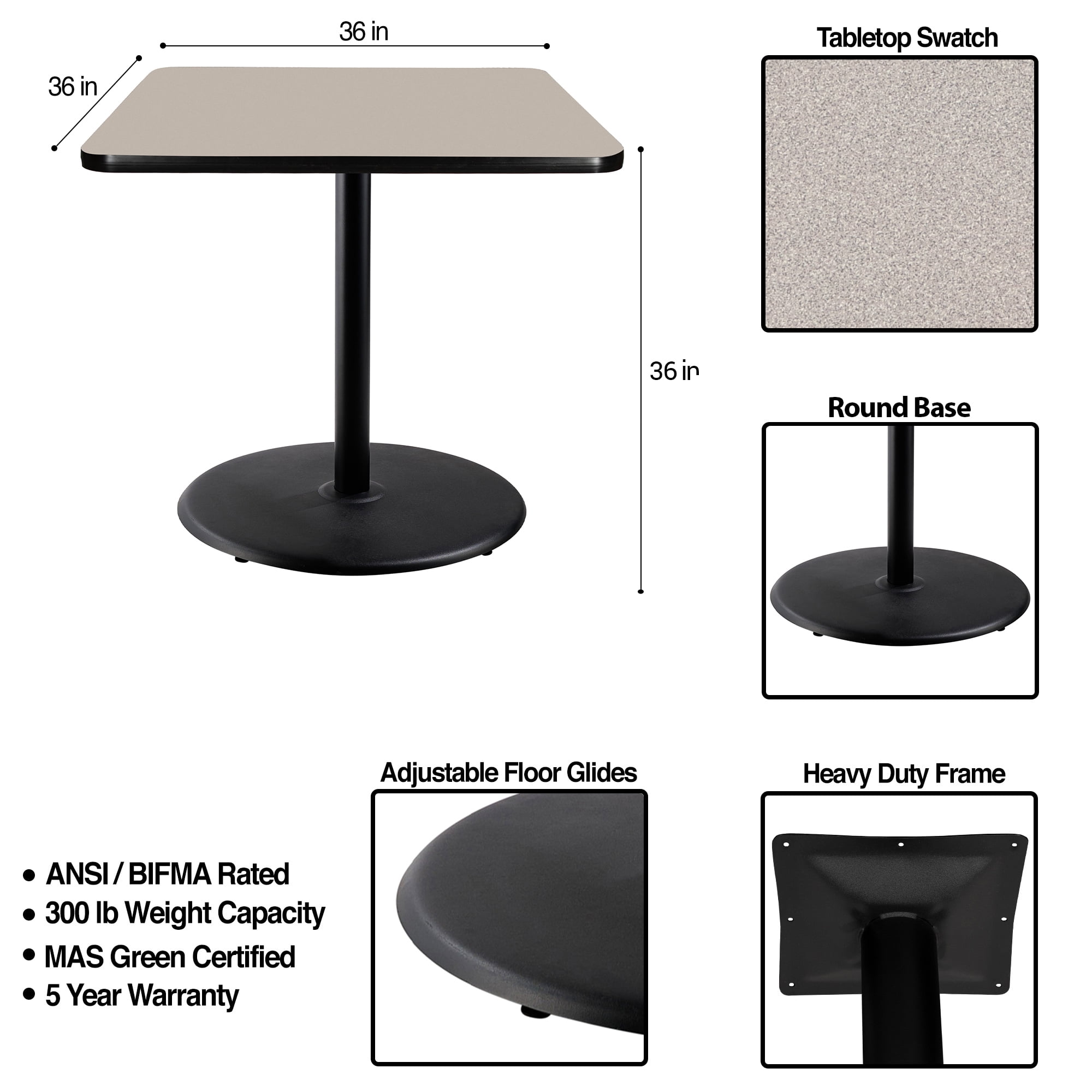 Hampden Furnishings Bennet Collection Steel Frame 36" Square Top, Round Base, 42" Height, Cafe Table, Black Frame/Grey Nebula Top