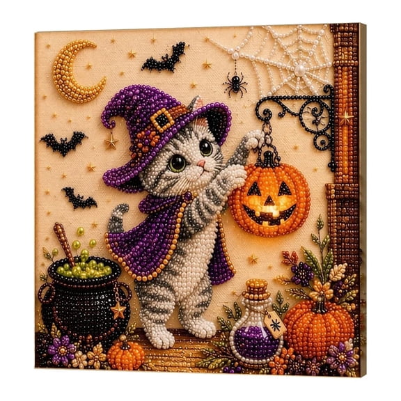 Halloween Cat Pearl Diamond Painting Kit, DIY 5D Rhinestone Art with Partially Pre-Punched Canvas, Holiday Home Decor