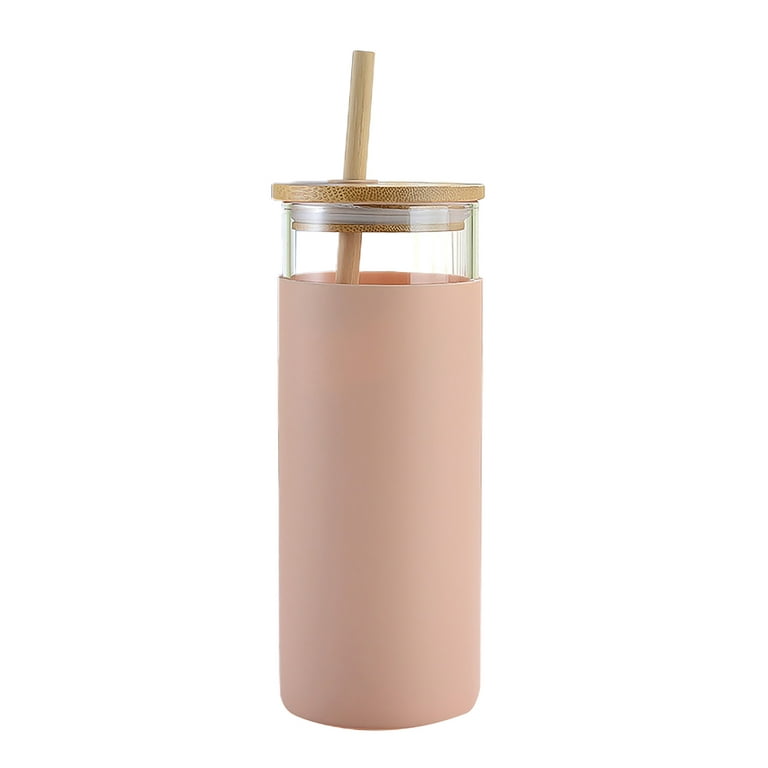 Beverage Tumblers with Straw (Borosilicate Glass, Silicone Sleeve & Bamboo  Lid)