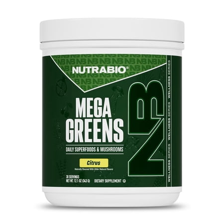 NutraBio Mega Greens- Complete Daily Super Greens Powder Superfood- Alkalizing, Energy, and Metabolic Support, Digestive Enzymes, Adaptogenic Mushrooms, Immune Defense - 30 Servings- Citrus