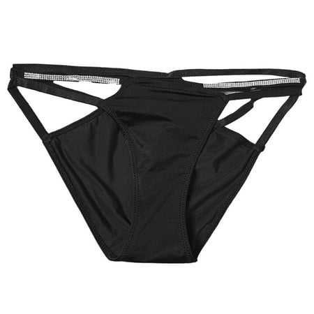BYHONG Sexy Pure Ice Silk Hollow Rhinestone Thin Strap Low Waist Lifting Seamless Briefs Panties for Women Black M
