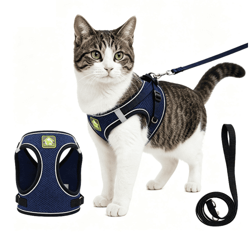 Cat Harness and Leash, Escape Proof Adjustable Vest Harness for Cats, Breathable Reflective Strip Soft Walking Vest for Small Medium Large Cats Navy XL