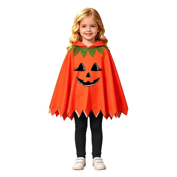 Zylarhe Girls Halloween Cape Set Autumn Winter Print Hooded Cape Top Pants Two Piece Outfit Orange 3-6 Months