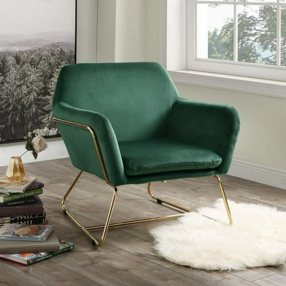 Maklaine Velvet Accent Arm Chair with Metal Base in Green