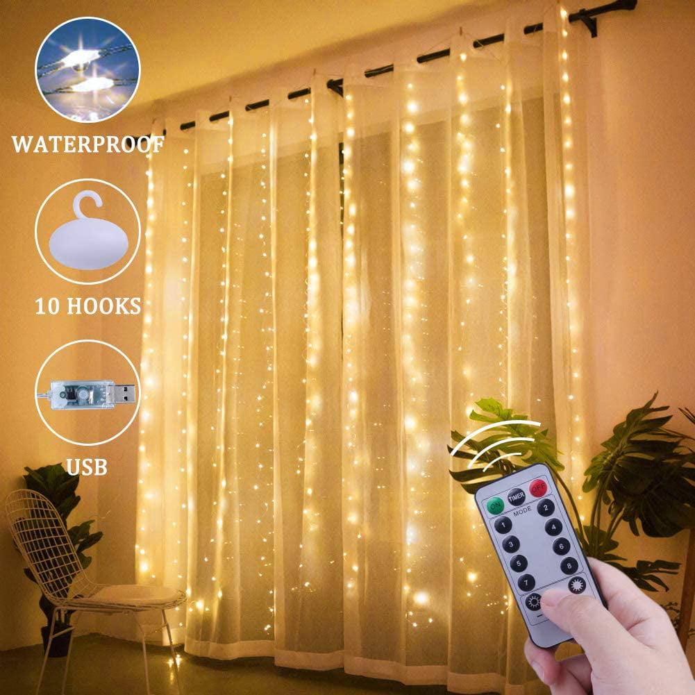 300 LED Window Curtain Lights String USB Powered Wedding Wall Decor Remote 10ft 
