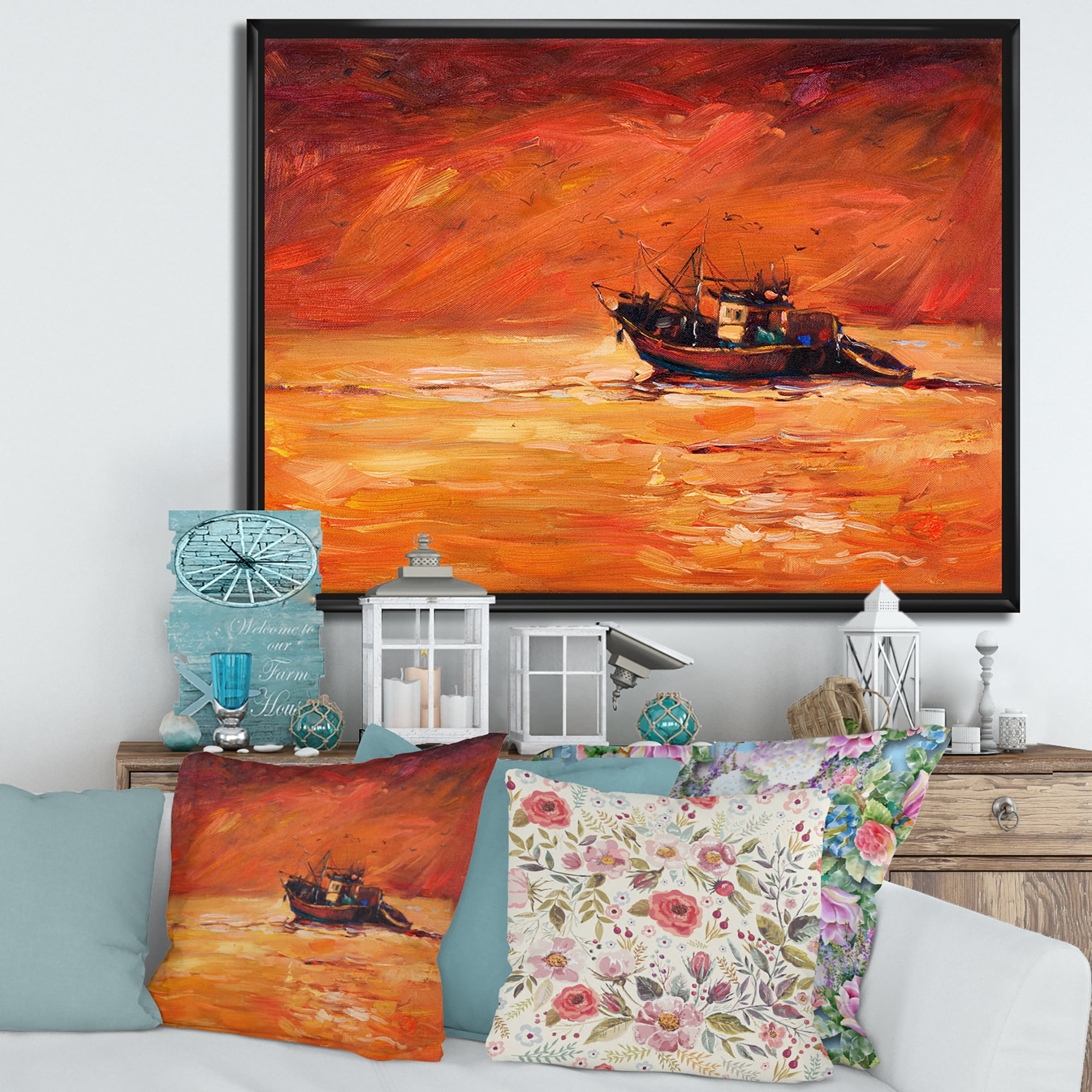 Designart 'Fishing Boat During Red Evening Glow' Nautical & Coastal Framed Canvas Wall Art Print