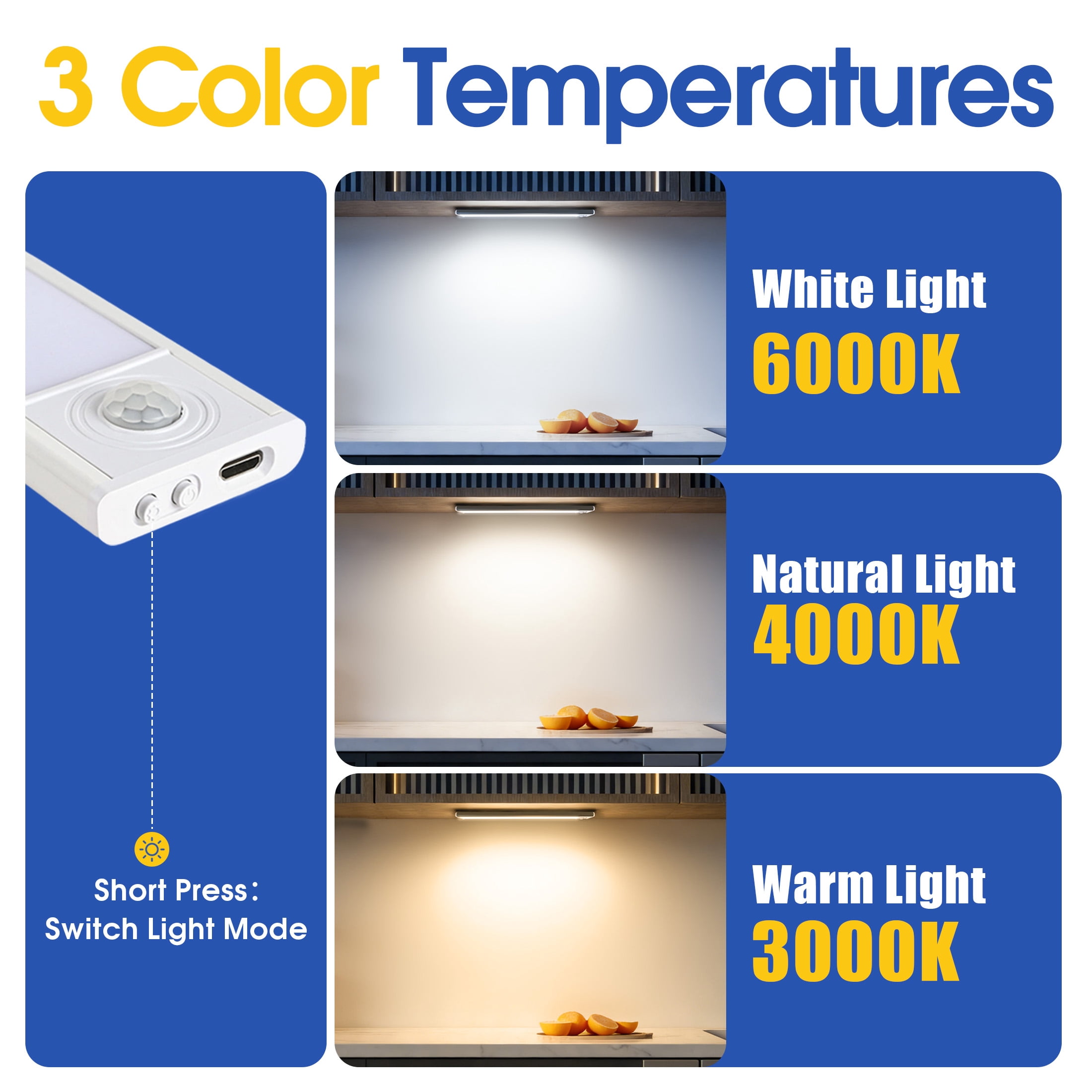 GARITIN 2 Pack Under Cabinet Lighting, Rechargeable LED Motion Sensor Night Lights, Dimmable Closet Lights for Kitchen Stairs Hallway, White