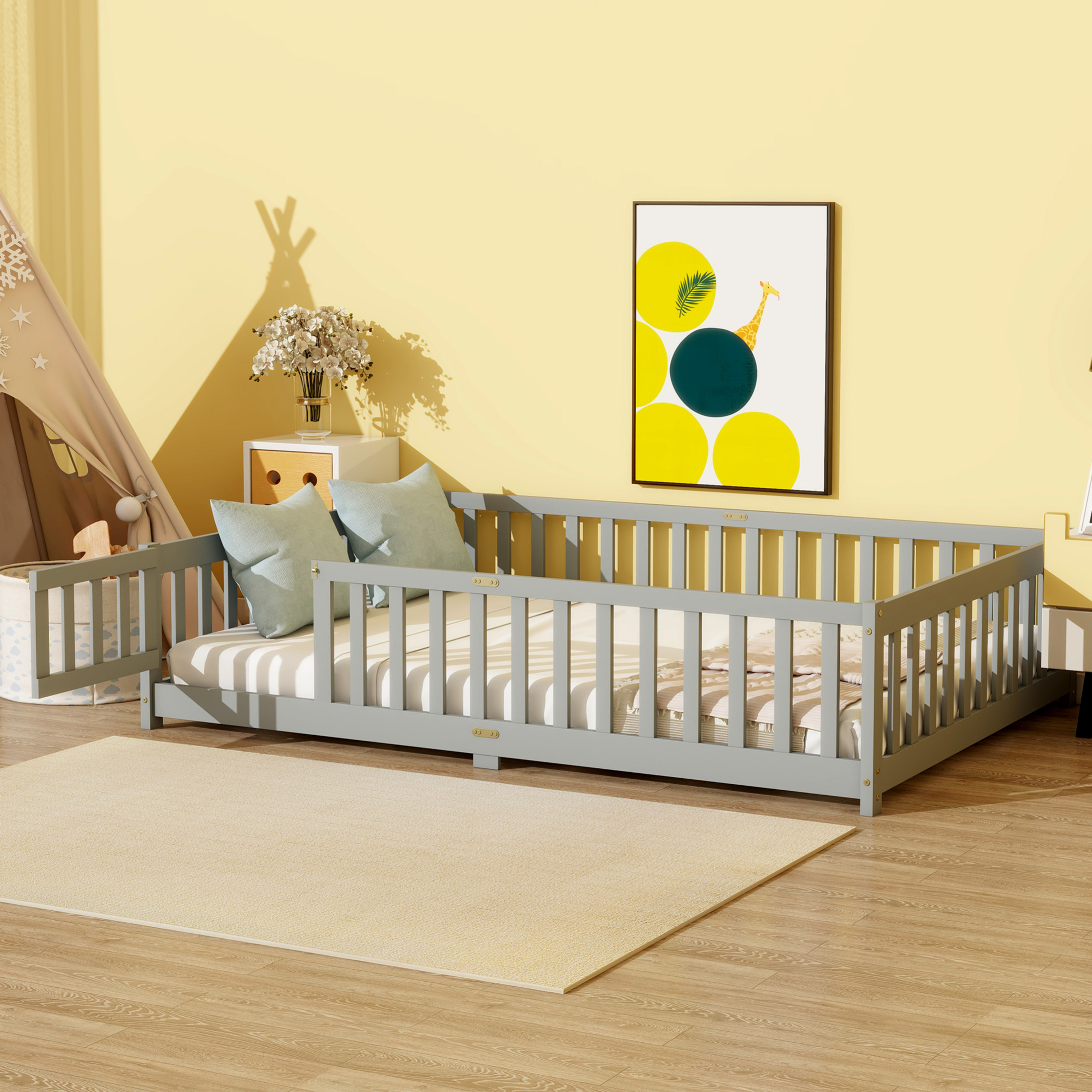Noble House Corvel Full Size Rubber Wooden Floor Bed with Safety Guardrails & Latching Fence Door, Grey