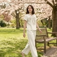 thumbnail image 6 of 2 Piece Sets for Women Short Sleeve Cotton Linen Embroidered Shirts Wide Leg Capri Pants with Pockets Matching Sets, 6 of 6