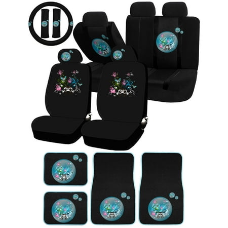 26PC Bubble Sphere Blue Flowers Swirl Universal Seat Covers & Carpet Floor Mats Set Car Truck SUV