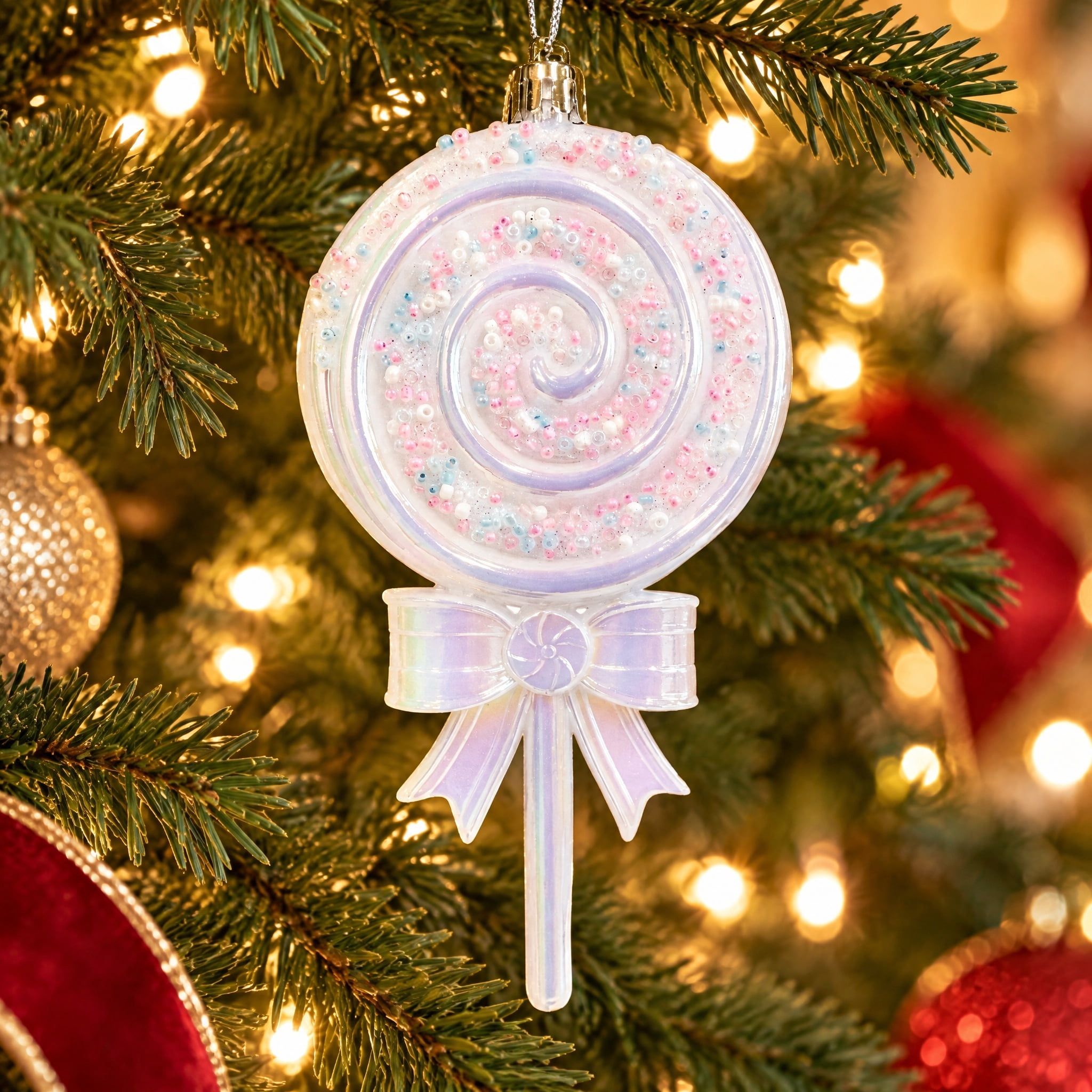 Iridescent White Glitter Sprinkle Lollipop Christmas Ornament, 5.8", by Holiday Time