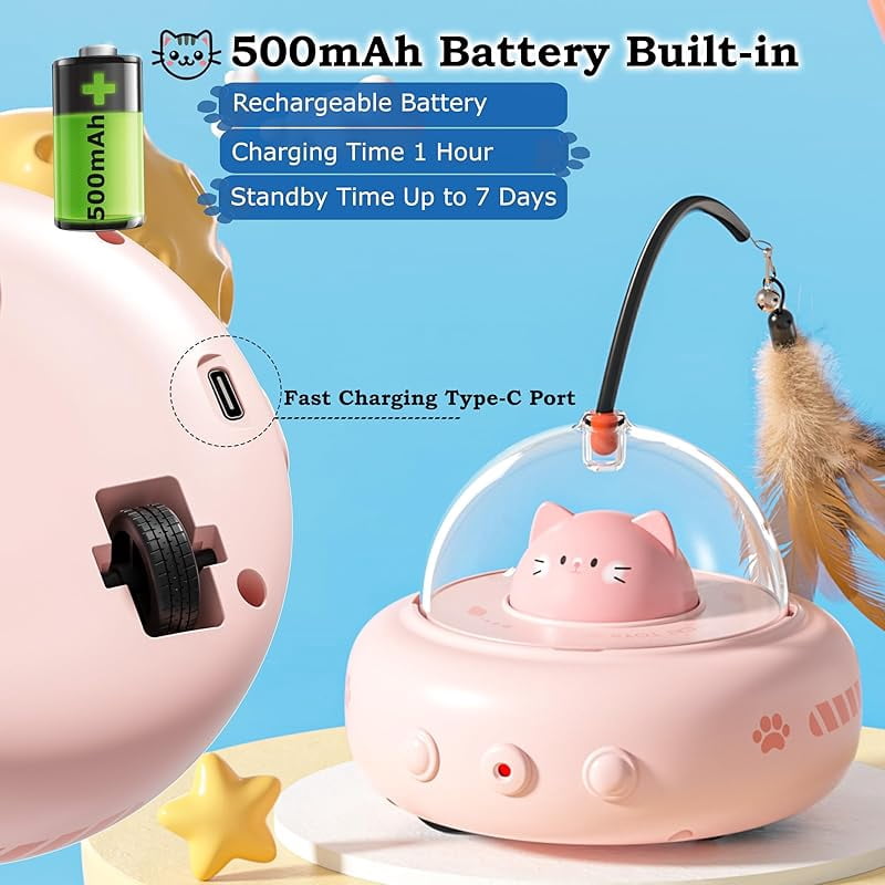 Laser Cat Toy for Indoor Cats,2 in 1 UFO-Vehicle Automatic Motion with Feather,Rechargeable Electronic Smart Sensor,Interactive Toys for Bored Cats/Kittens/Dogs,Ideal Gift for Pet Lover