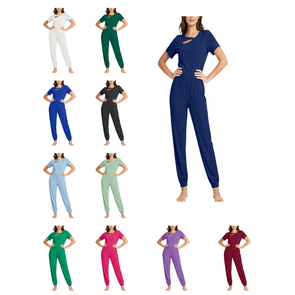 Busydd Womens Scrubs Sets 2 Piece Short Sleeve Cutout Neck Scrubs Tops and Jogger Pants Soft Comfy Solid Color Scrub Set S