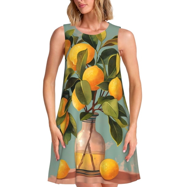 Fotbe Retro Warm Lemon Flower Vestido de Verano sin Mangas para Mujer – Vestido Midi Línea A, Estilo Camiseta Floral, Vestido Playero Casual y Fluido