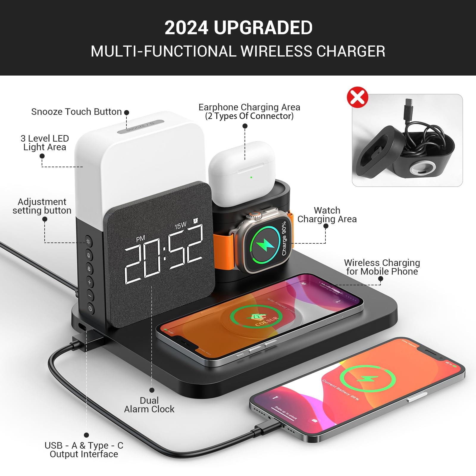 Wireless Charging Station 7 in 1 Compatible for iPhone 17/16/15/14/13/12 Pro Max, Apple Watch & AirPods with Alarm Clock, Night Light Black