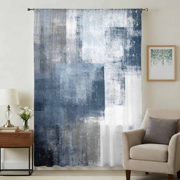 Blue Sheer Curtains 45 Inches Long, Retro Oil Painted Modern Abstract Art Light Filering Curtains, Breathable Simi Curtain Privacy Drapes for Kitchen Bathroom Lightweight Small Window Treatment