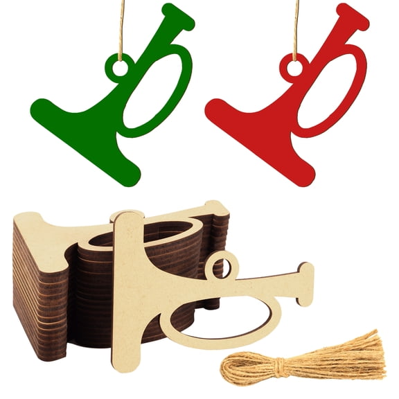 Inkdotpot 40pcs Trumpet Wooden Ornament with Holes 3.5" Unfinished Predrilled Natural Wood Slices for Crafts Wooden DIY Christmas Ornaments Hanging Ropes Included