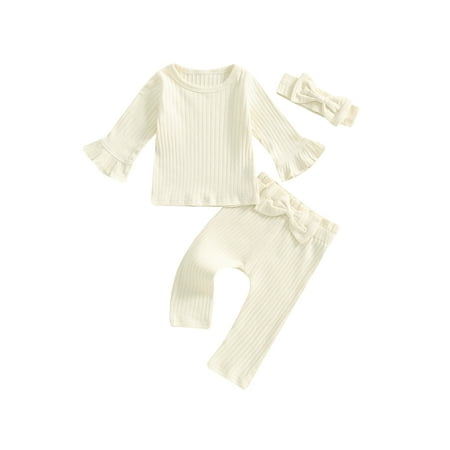 

Shuttle tree Baby Girls Fall Clothes Solid Ribbed Tops Blouse Flared Pants Headband Sets Outfit