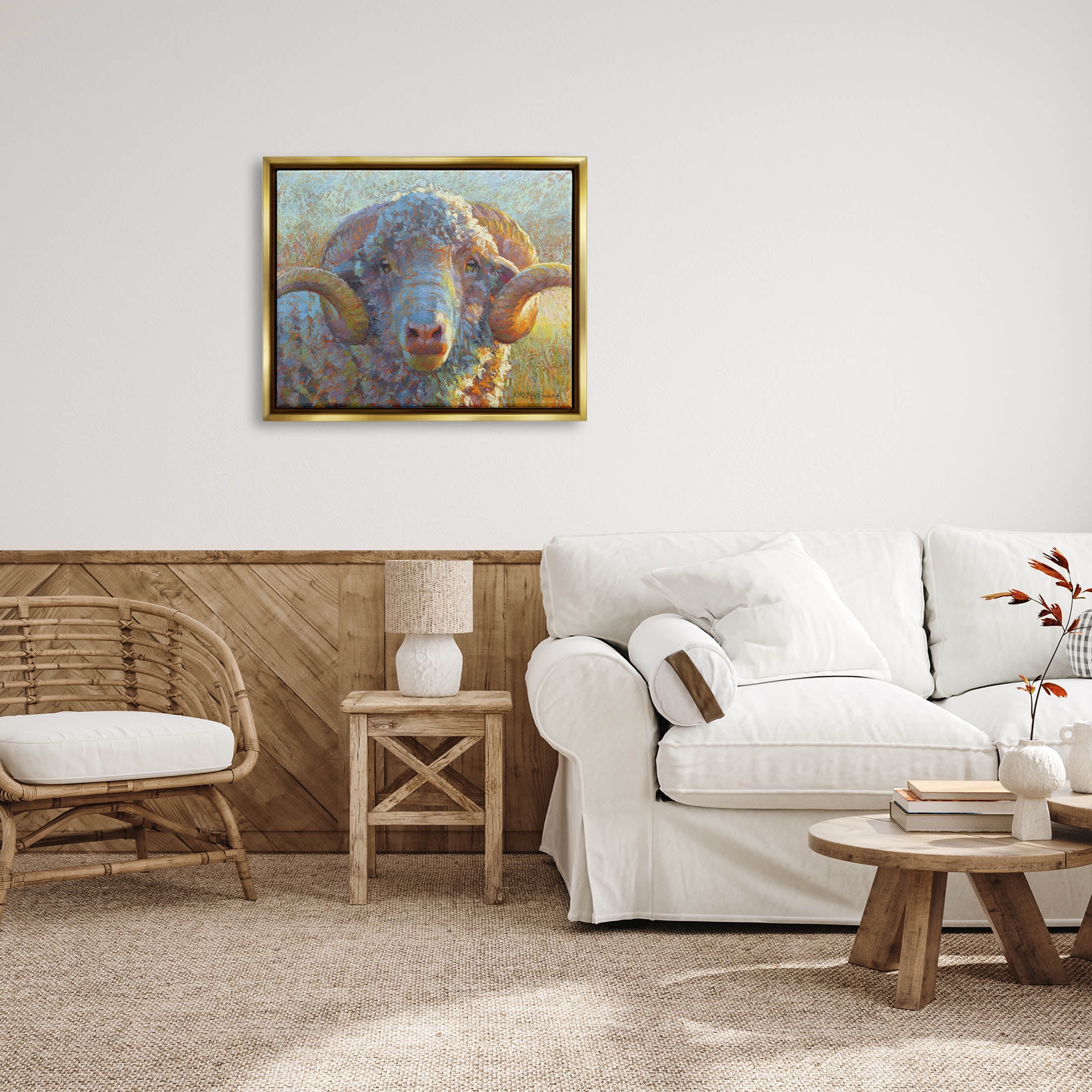 Country Sheep Modern Portrait Animals & Insects Painting Metallic Gold Framed Art Print Wall Art