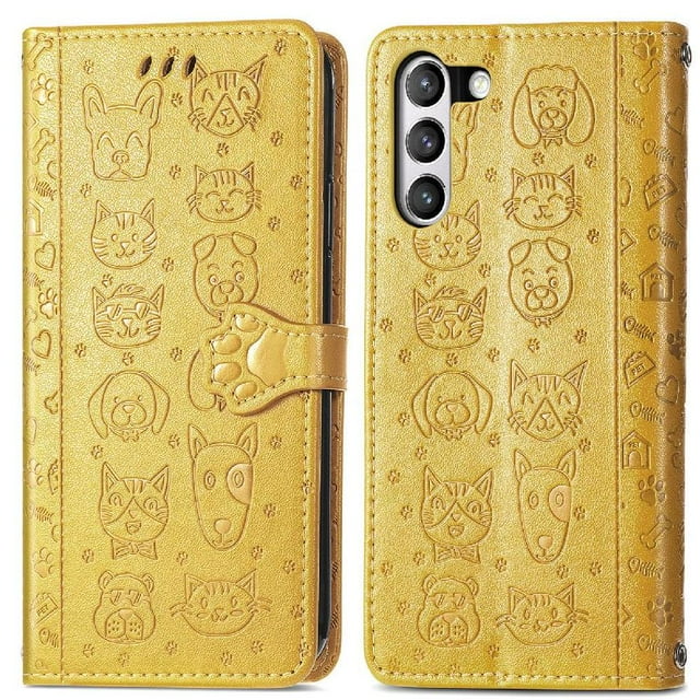 Funda Cartera FOXDOCK para Samsung Galaxy S21FE , Flip PU con Relieve de Gatos y Perros, Tarjetero y Soporte