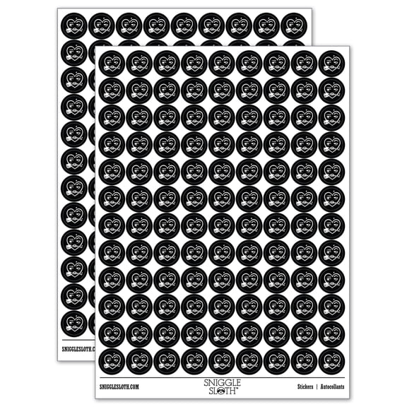 Flirty Heart Face with Rose in Teeth Mouth 200  Round Stickers - Black - Gloss Finish - 0.50" Size