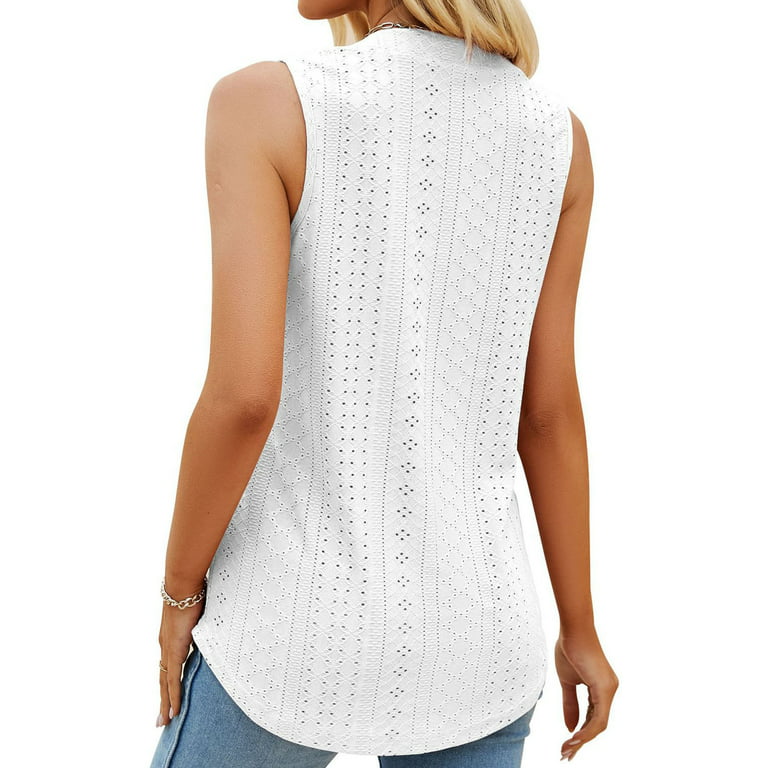 RQYYD Reduced Womens Eyelet Tank Tops Summer Casual Square Neck Fashion  Hollow Out Sleeveless Tops Blouse Solid Pleated Loose Fit T-Shirt(White,S)  