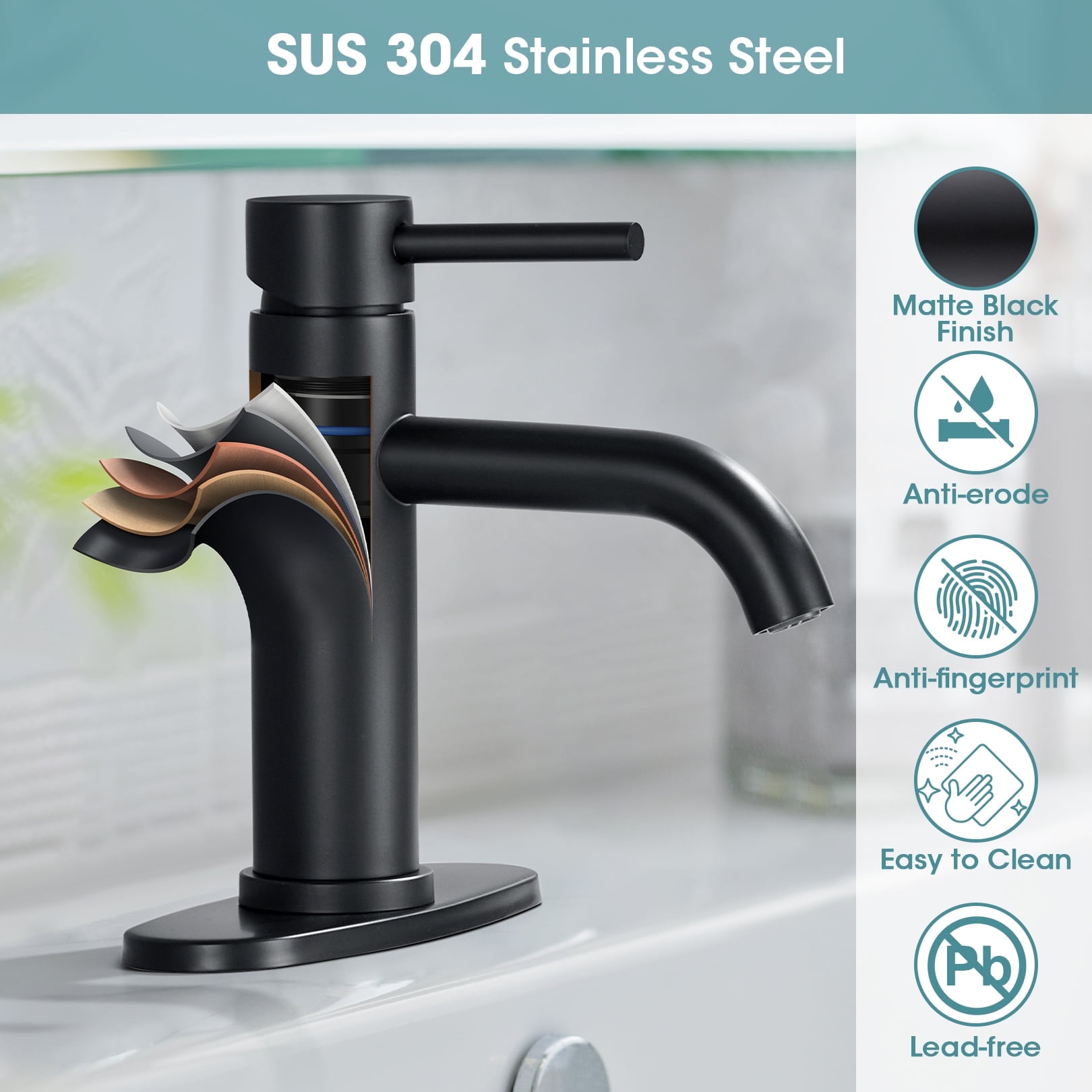 Wowkk Sanitary Ware Black Bathroom Faucets Stainless Steel Single Handle Bathroom Sink Faucet with Pop up Drain and PEX Encrypted Hose, Modern Bathroom Faucets for Sink 1 or 3 Holes