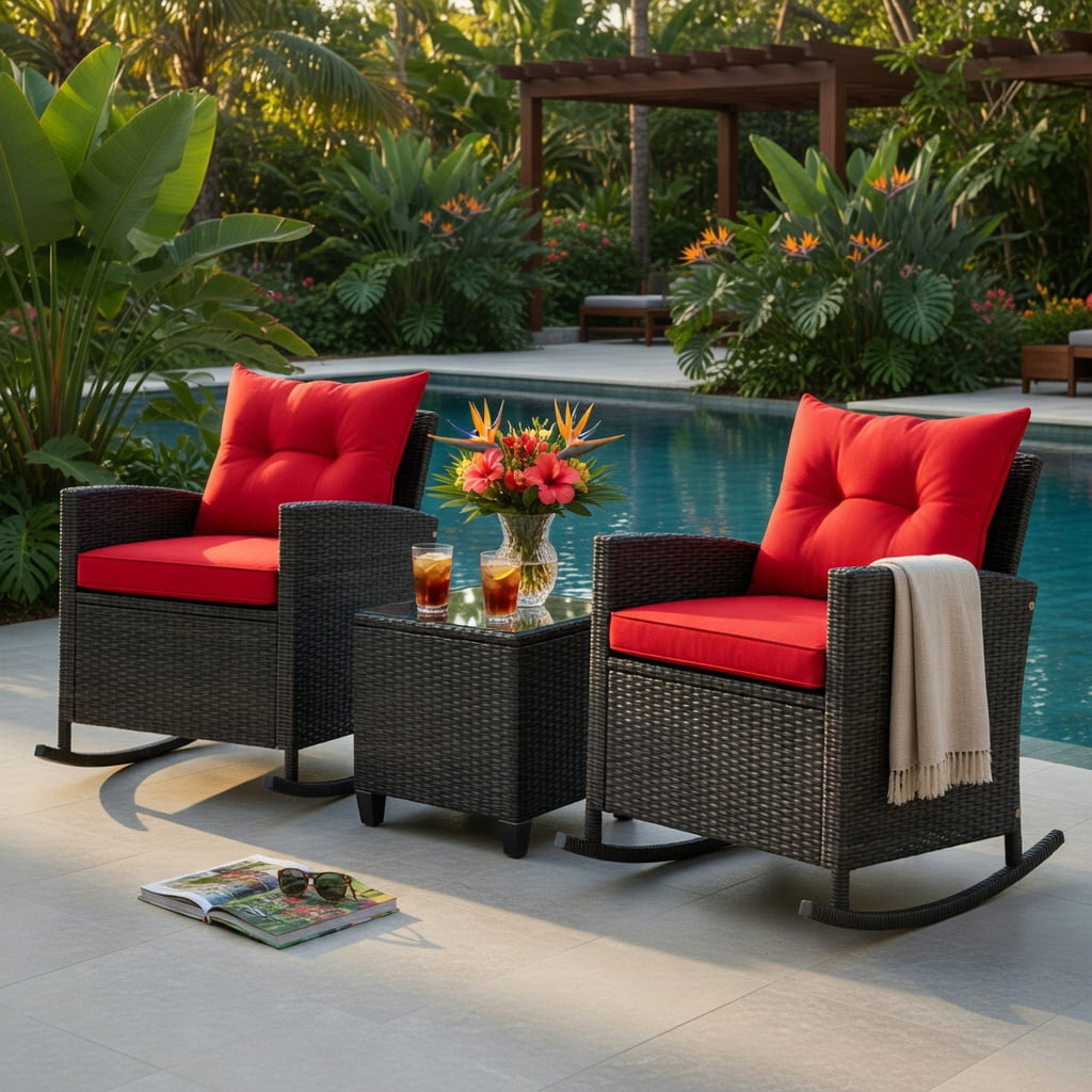 Hommoo 3-Piece Outdoor Rattan Rocking Chair Set with Tempered Glass Coffee Table & Removable Cushions, Red