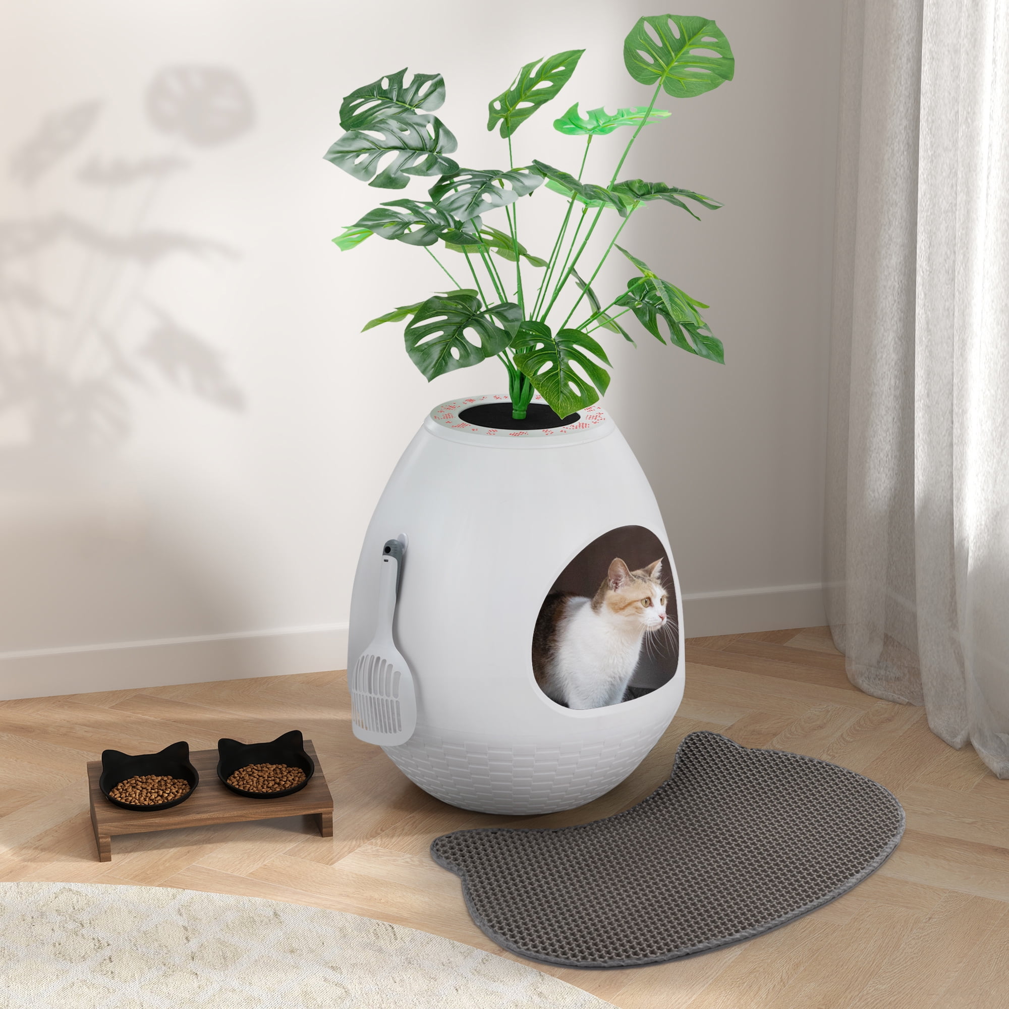 Jaxpety Large Smart Plant Litter Box with Deodorization System, Artificial Plants,5 Cat Litter Bags,Light,Cat Litter Mat,Scoop,White