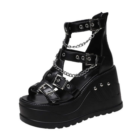 

Summer Savings Clearance! PEZHADA Womens Sandals Wedge Sandals for Women Summer Punk Platform Sandals Open-Toe Metal Buckle Back Zipper Sandals Black