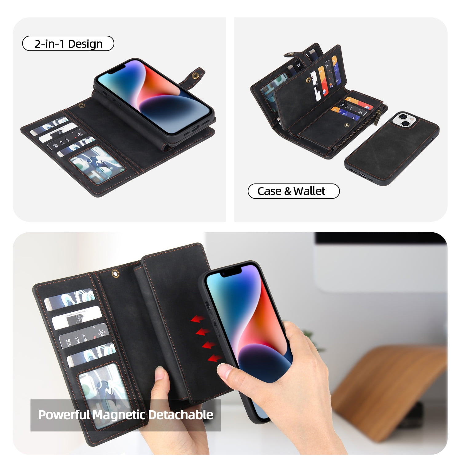 Dteck for iPhone 14 Plus Case, iPhone 14 Plus Case Wallet for Women Men, Durable PU Leather Magnetic Flip Lanyard Strap Wristlet Zipper Card Holder Phone Cases for iPhone 14 Plsu 6.7 Inch,Black