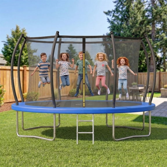 Gardwin Outdoor Trampoline 10FT/12FT/14FT Round Jumping Trampoline with Enclosure Net and Ladder,Recreational Backyard Trampolines Anti-Rust for Kids Birthday Gift