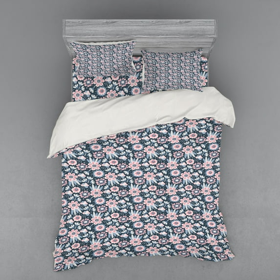 Floral Duvet Cover Set, Flowers with Different Styles Hand Drawn Composition, Bedding Set with Shams and Fitted Sheet, 3 Sizes, by Ambesonne