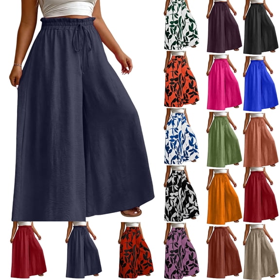FchengtaiS Plus Size Womens Flowy Palazzo Pants Wide Leg Baggy Pants Boho Lounge Pants with Pockets
