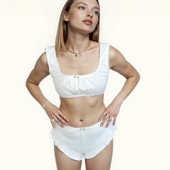 Milanblocks Soft Girl Loungewear Set Cotton Lace Bralette High Waist Panties - WHITE - 2XL