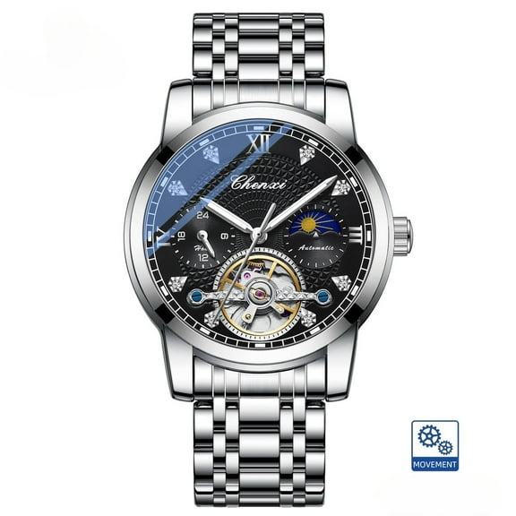 EXPLOJOY Men's Tourbillon Mechanical Watch – Hollow Dial with Moon Phase and Waterproof Steel Band